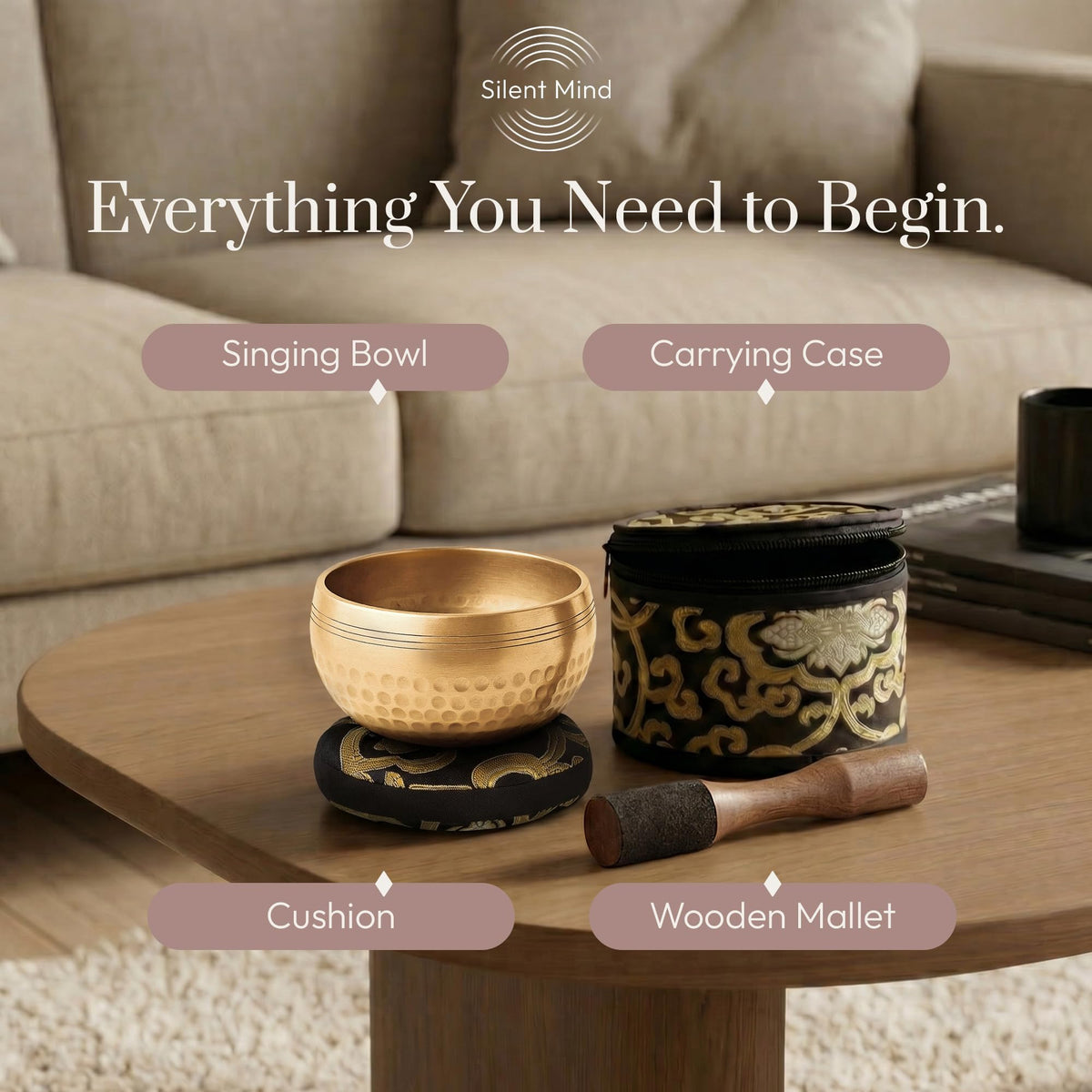 Silent Mind Tibetan Singing Bowl Set – Easy to Play & Beginner Friendly Meditation Bowl