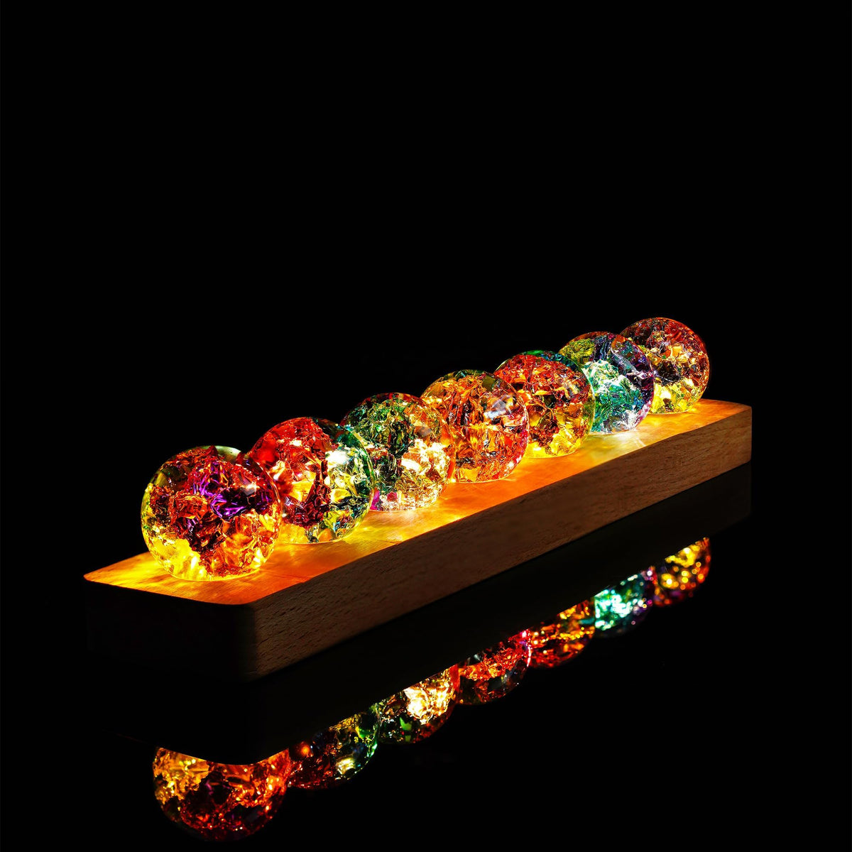 7 Chakra Natural Healing Crystal Spheres with LED Wooden Stand
