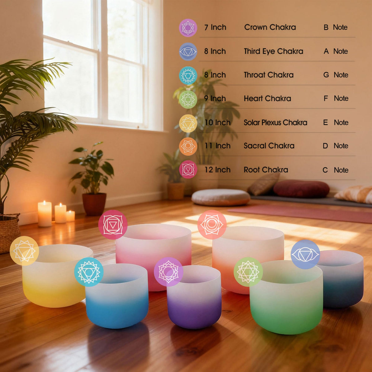 RYAN DVAN 432Hz 7"-12" Multiple Color Options Crystal Singing Bowl Set of 7