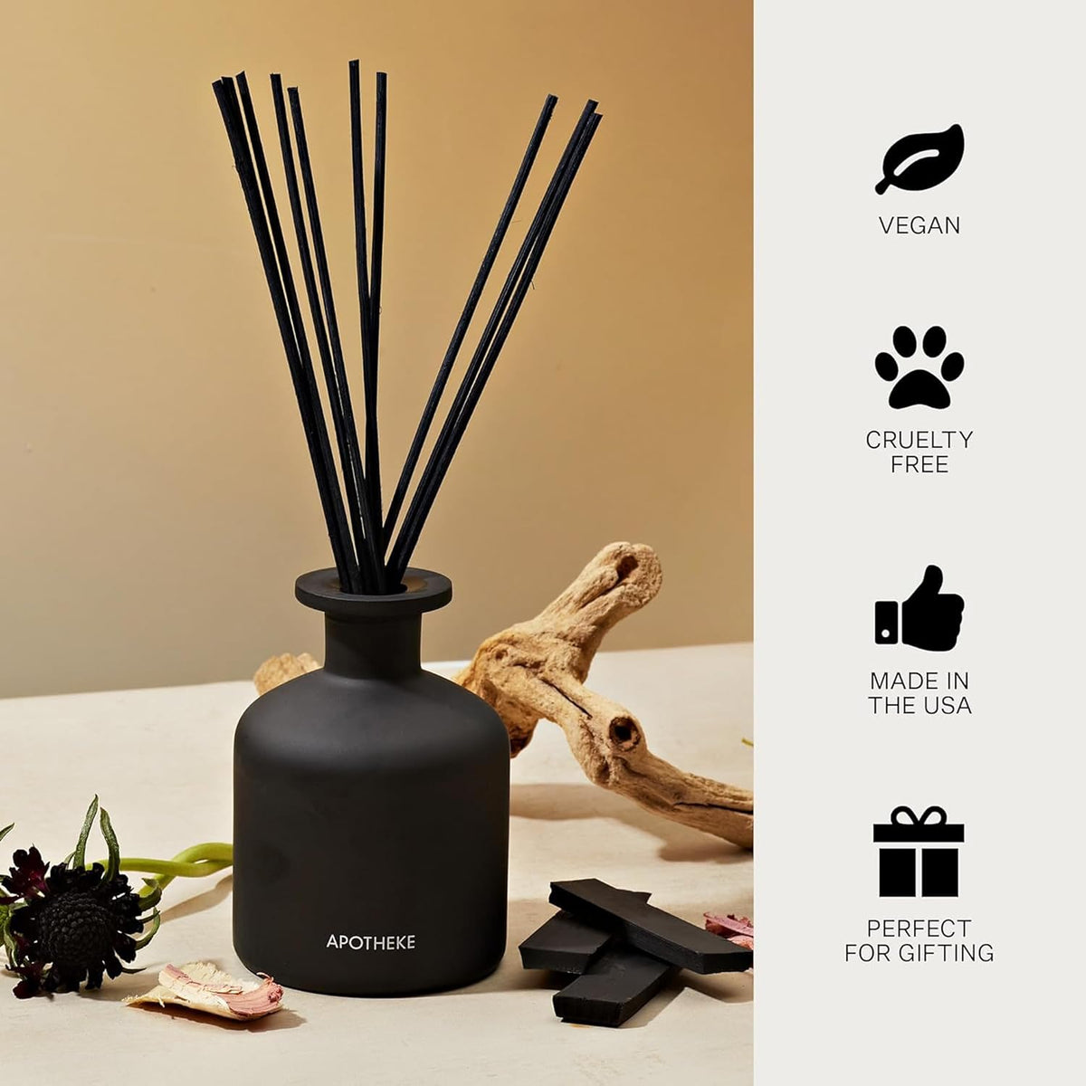 Apotheke Scented Reed Diffuser for Home, Charcoal, 10 Reed Sticks