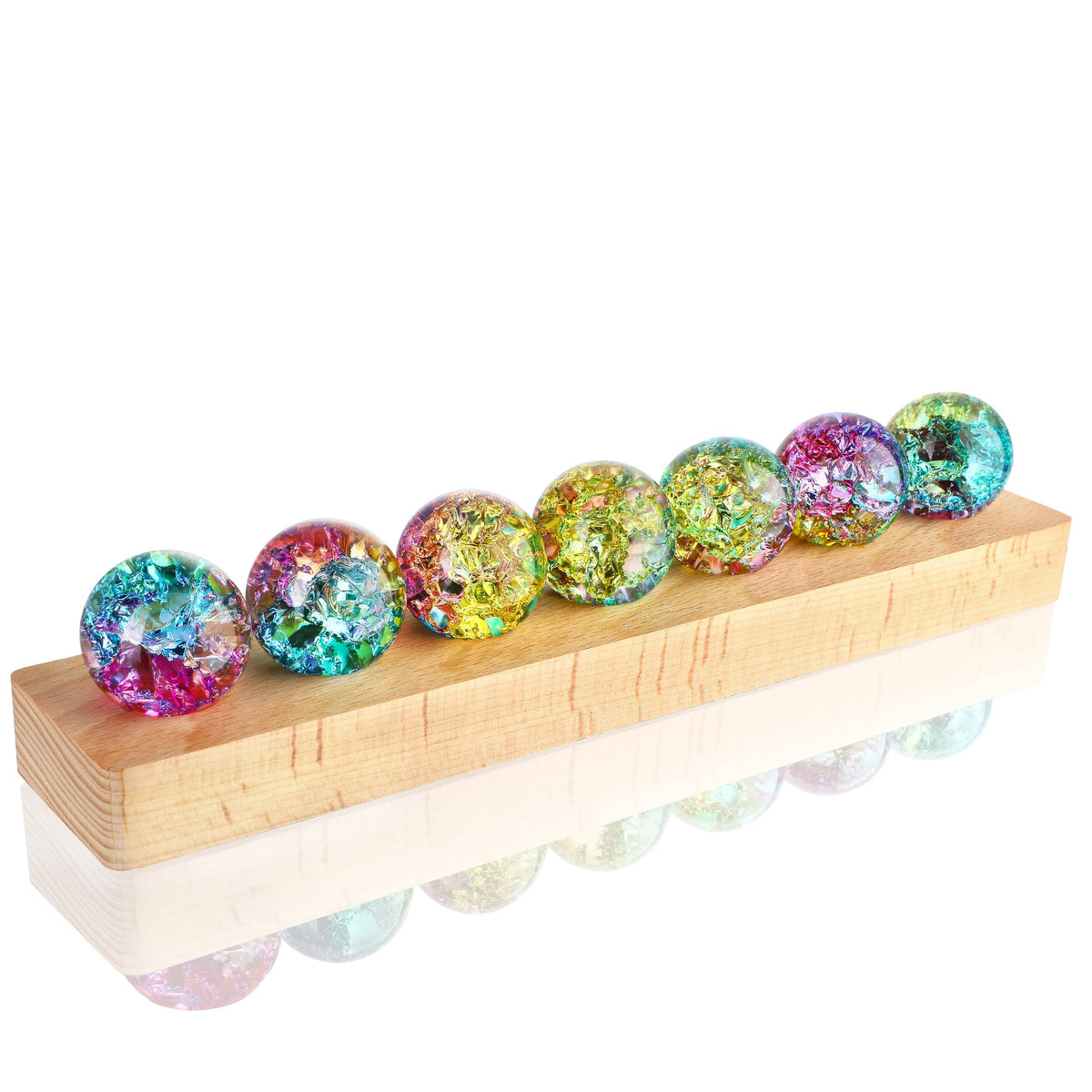 7 Chakra Natural Healing Crystal Spheres with LED Wooden Stand