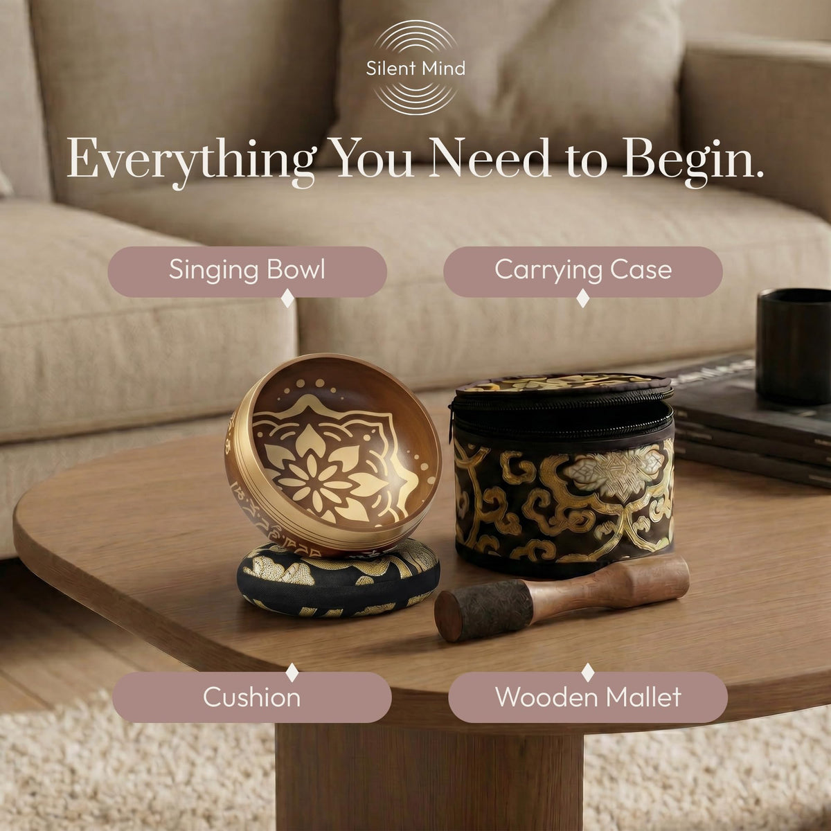 Silent Mind Tibetan Singing Bowl Set – Easy to Play & Beginner Friendly Meditation Bowl