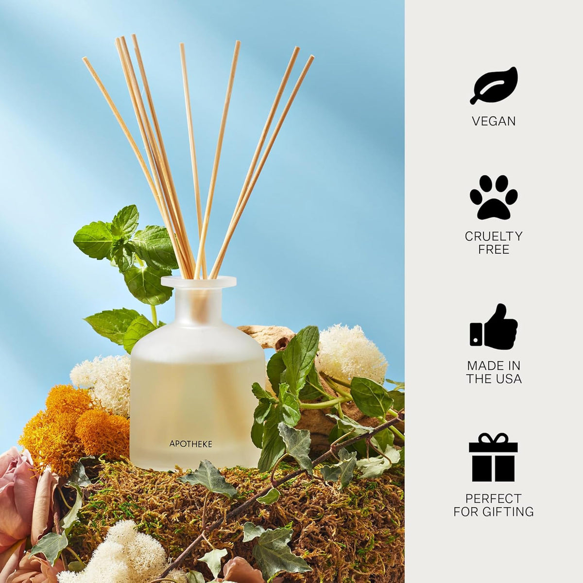 Apotheke Scented Reed Diffuser for Home, Charcoal, 10 Reed Sticks