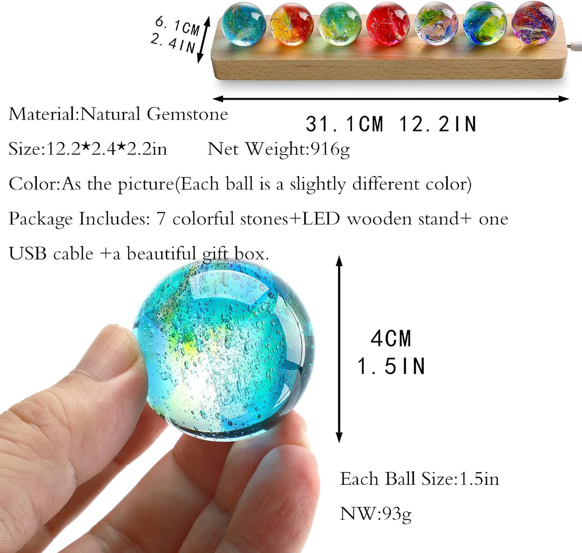 7 Chakra Natural Healing Crystal Spheres with LED Wooden Stand