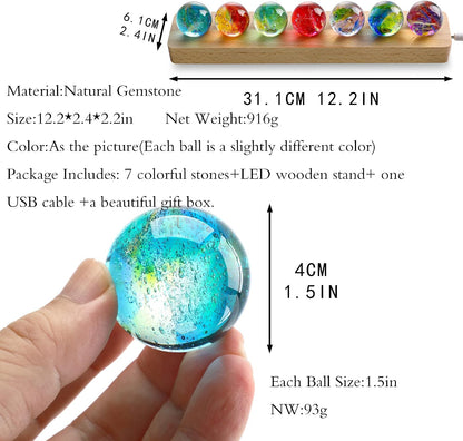 7 Chakra Natural Healing Crystal Spheres with LED Wooden Stand