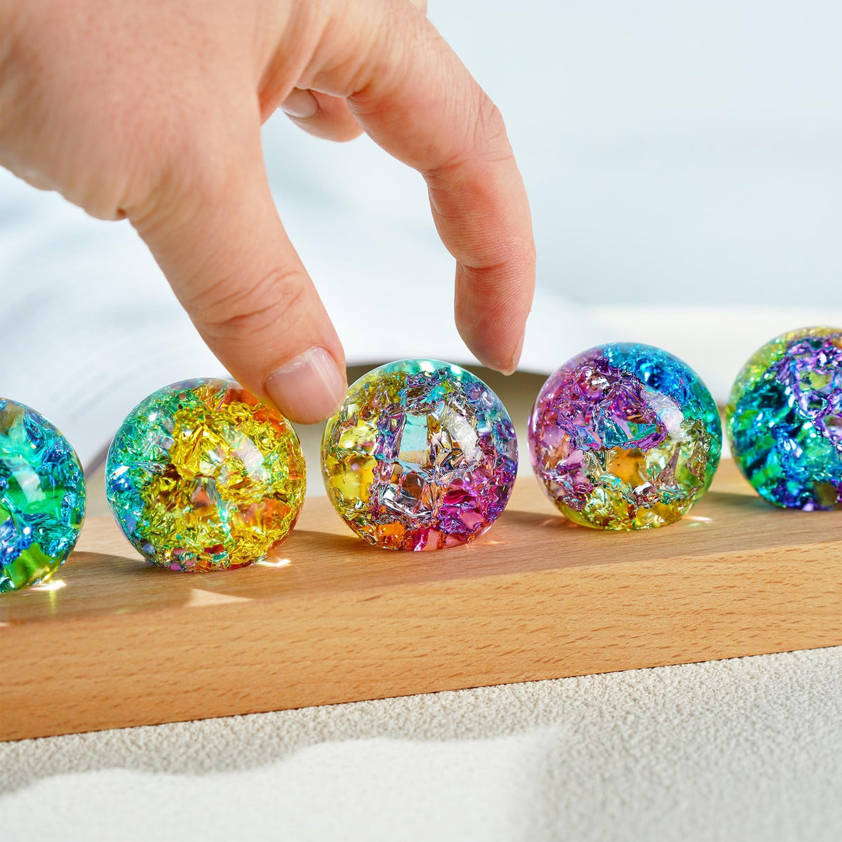 7 Chakra Natural Healing Crystal Spheres with LED Wooden Stand