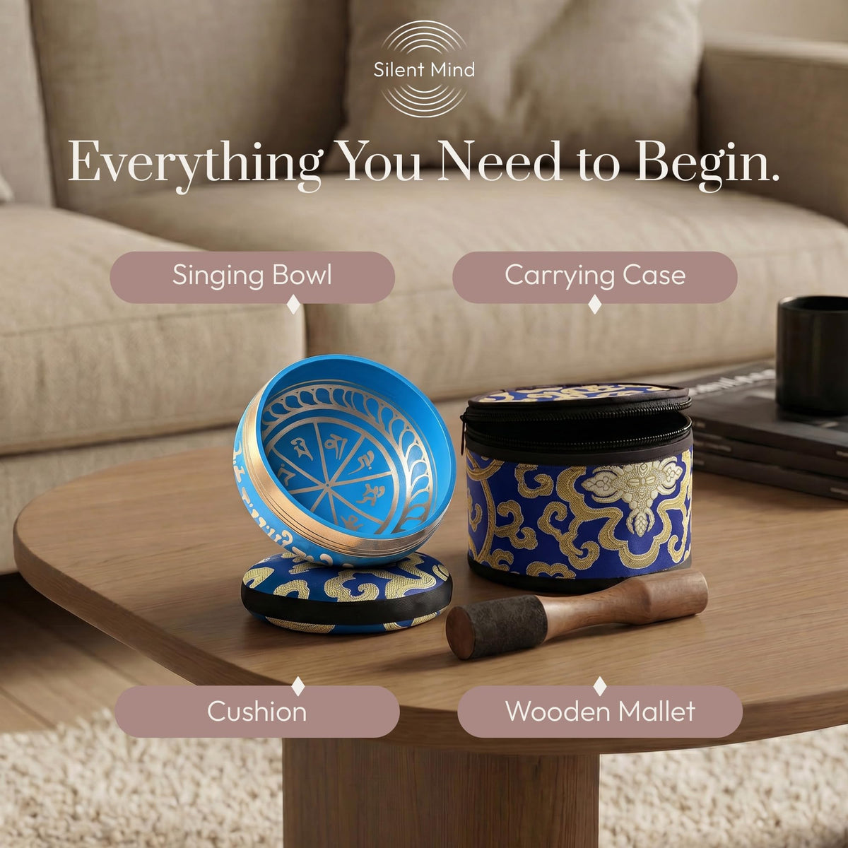Silent Mind Tibetan Singing Bowl Set – Easy to Play & Beginner Friendly Meditation Bowl